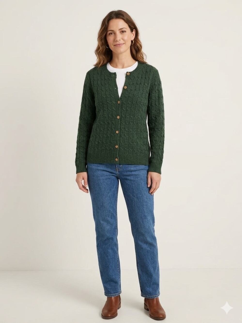 Appleseed’s Women’s medium Green Cable Knit Cardigan Sweater Button Up 100% wool